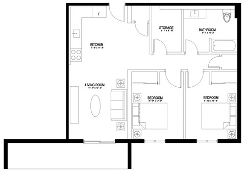 Floor plan for 2 beds, 1 bath